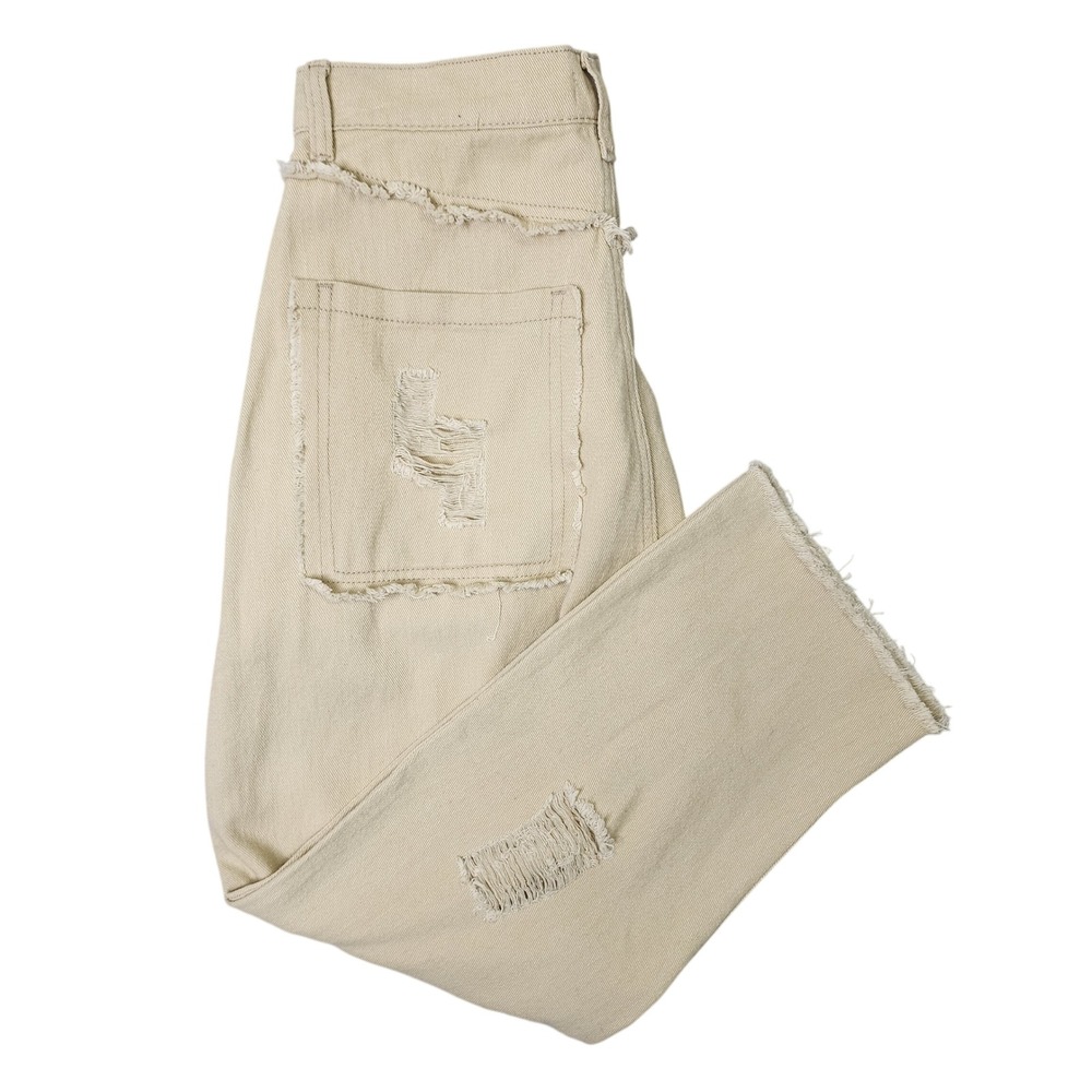POL Denim Pants Tan Drop Crotch Distressed Frayed Raw Hem Size M Boho Grunge